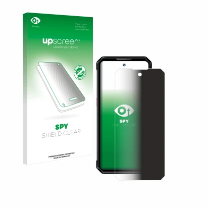 Parte frontal de un envase de producto con el logotipo de la marca upscreen. Al lado se muestra el dispositivo Oukitel WP21 Ul