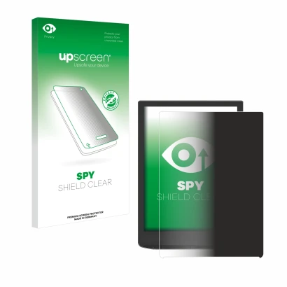 Parte frontal de un envase de producto con el logotipo de la marca upscreen. Al lado se muestra el dispositivo PocketBook InkP