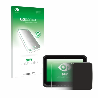 Parte frontal de un envase de producto con el logotipo de la marca upscreen. Al lado se muestra el dispositivo Zebra ET60 con