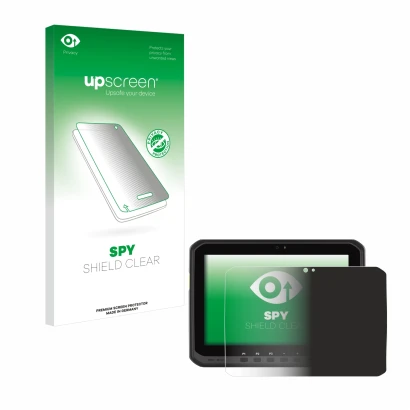 Parte frontal de un envase de producto con el logotipo de la marca upscreen. Al lado se muestra el dispositivo Zebra ET65 con