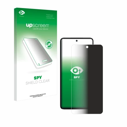 Parte frontal de un envase de producto con el logotipo de la marca upscreen. Al lado se muestra el dispositivo Motorola Moto G