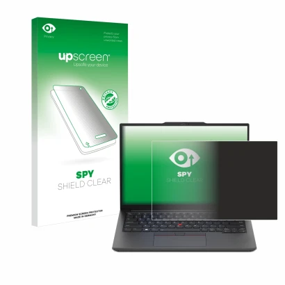 Parte frontal de un envase de producto con el logotipo de la marca upscreen. Al lado se muestra el dispositivo Lenovo ThinkPad