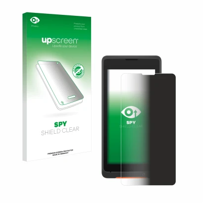 Parte frontal de un envase de producto con el logotipo de la marca upscreen. Al lado se muestra el dispositivo Sunmi P2 Lite S