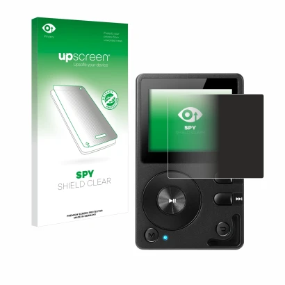 Parte frontal de un envase de producto con el logotipo de la marca upscreen. Al lado se muestra el dispositivo Hifi Walker H2 