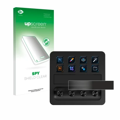 Parte frontal de un envase de producto con el logotipo de la marca upscreen. Al lado se muestra el dispositivo Elgato Stream D