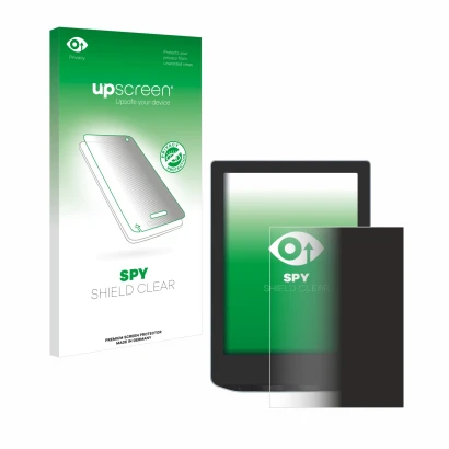 Parte frontal de un envase de producto con el logotipo de la marca upscreen. Al lado se muestra el dispositivo PocketBook Vers