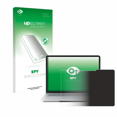 Parte frontal de un envase de producto con el logotipo de la marca upscreen. Al lado se muestra el dispositivo Microsoft Surfa