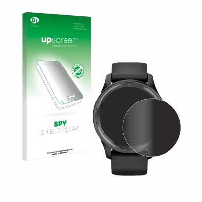 Parte frontal de un envase de producto con el logotipo de la marca upscreen. Al lado se muestra el dispositivo Garmin Vivomove
