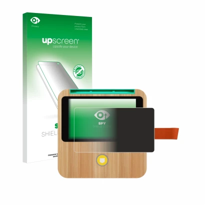 Parte frontal de un envase de producto con el logotipo de la marca upscreen. Al lado se muestra el dispositivo tigerbox Touch