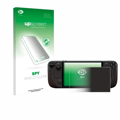 Parte frontal de un envase de producto con el logotipo de la marca upscreen. Al lado se muestra el dispositivo Valve Steam Dec