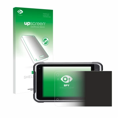 Parte frontal de un envase de producto con el logotipo de la marca upscreen. Al lado se muestra el dispositivo Handheld Algiz