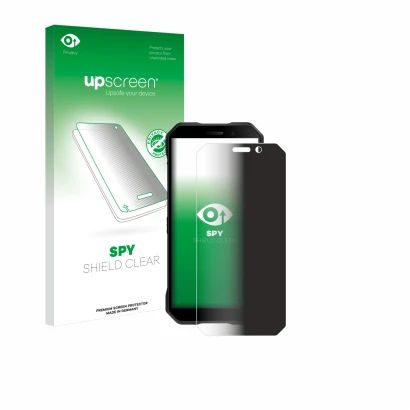 Parte frontal de un envase de producto con el logotipo de la marca upscreen. Al lado se muestra el dispositivo Doogee S61 Pro 
