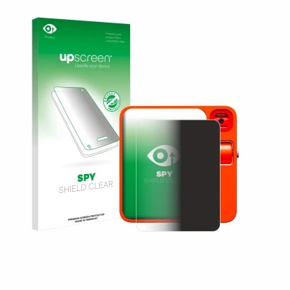 Parte frontal de un envase de producto con el logotipo de la marca upscreen. Al lado se muestra el dispositivo rabbit r1 con s