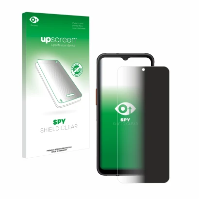 Parte frontal de un envase de producto con el logotipo de la marca upscreen. Al lado se muestra el dispositivo Samsung Galaxy