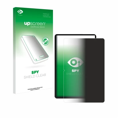 Parte frontal de un envase de producto con el logotipo de la marca upscreen. Al lado se muestra el dispositivo Honor Pad 9 con