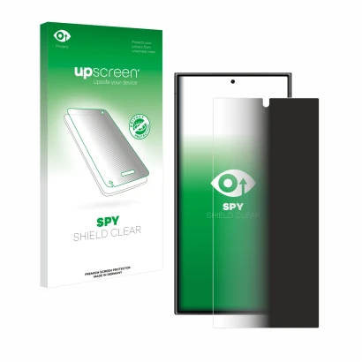 Parte frontal de un envase de producto con el logotipo de la marca upscreen. Al lado se muestra el dispositivo Samsung Galaxy 