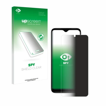 Parte frontal de un envase de producto con el logotipo de la marca upscreen. Al lado se muestra el dispositivo Nokia C12 con s