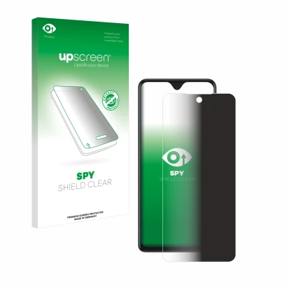Parte frontal de un envase de producto con el logotipo de la marca upscreen. Al lado se muestra el dispositivo Tecno Spark 10