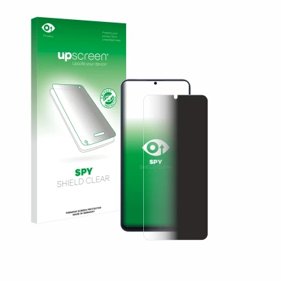 Parte frontal de un envase de producto con el logotipo de la marca upscreen. Al lado se muestra el dispositivo Blackview Color