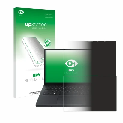 Parte frontal de un envase de producto con el logotipo de la marca upscreen. Al lado se muestra el dispositivo ASUS ZenBook Du