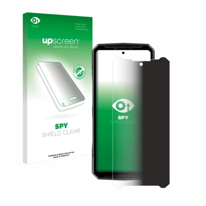 Parte frontal de un envase de producto con el logotipo de la marca upscreen. Al lado se muestra el dispositivo Doogee DK10 con