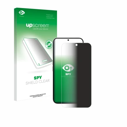 Parte frontal de un envase de producto con el logotipo de la marca upscreen. Al lado se muestra el dispositivo Nothing Phone (