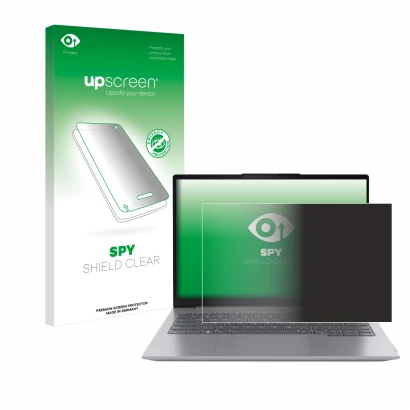 Parte frontal de un envase de producto con el logotipo de la marca upscreen. Al lado se muestra el dispositivo Lenovo ThinkBoo