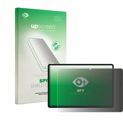 Parte frontal de un envase de producto con el logotipo de la marca upscreen. Al lado se muestra el dispositivo Teclast P50 con