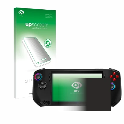 Parte frontal de un envase de producto con el logotipo de la marca upscreen. Al lado se muestra el dispositivo MSI Claw A1M co