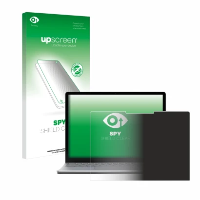 Parte frontal de un envase de producto con el logotipo de la marca upscreen. Al lado se muestra el dispositivo Microsoft Surfa