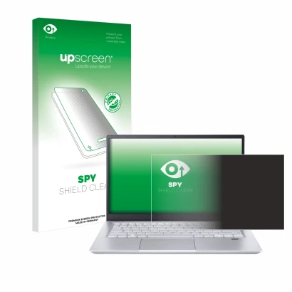 Parte frontal de un envase de producto con el logotipo de la marca upscreen. Al lado se muestra el dispositivo Acer Swift X 14