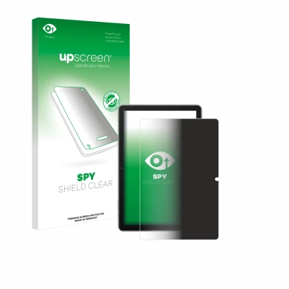 Parte frontal de un envase de producto con el logotipo de la marca upscreen. Al lado se muestra el dispositivo Blackview Tab 7