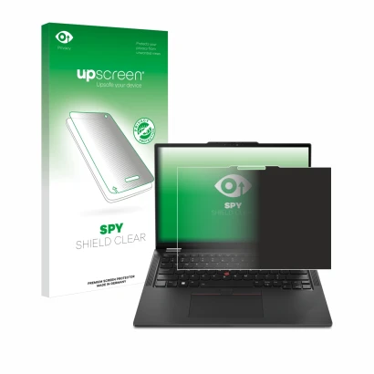 Parte frontal de un envase de producto con el logotipo de la marca upscreen. Al lado se muestra el dispositivo Lenovo ThinkPad