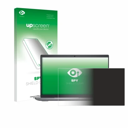 Parte frontal de un envase de producto con el logotipo de la marca upscreen. Al lado se muestra el dispositivo Dell Latitude 5