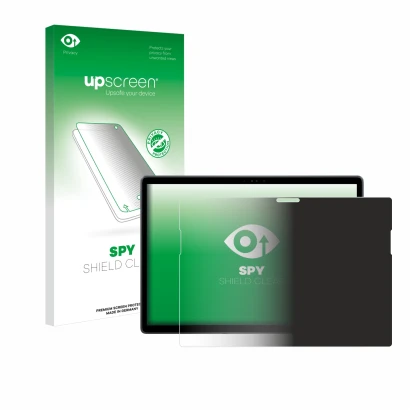 Parte frontal de un envase de producto con el logotipo de la marca upscreen. Al lado se muestra el dispositivo Dell Latitude 7