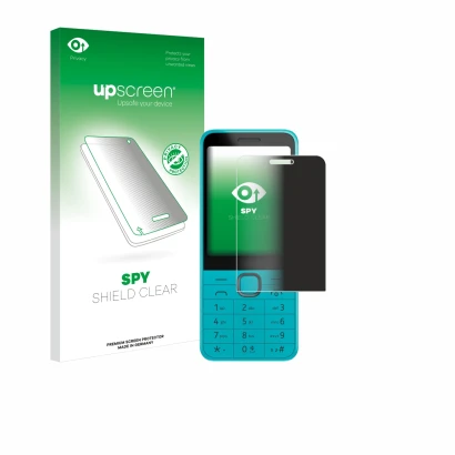 Parte frontal de un envase de producto con el logotipo de la marca upscreen. Al lado se muestra el dispositivo Nokia 235 4G (2