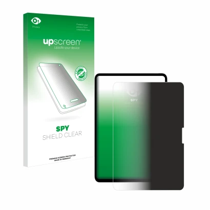 Parte frontal de un envase de producto con el logotipo de la marca upscreen. Al lado se muestra el dispositivo Apple iPad Pro 