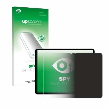 Parte frontal de un envase de producto con el logotipo de la marca upscreen. Al lado se muestra el dispositivo Apple iPad Air 