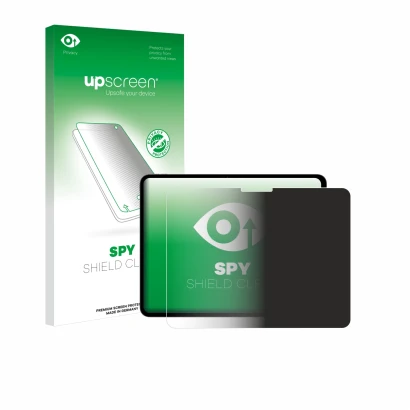 Parte frontal de un envase de producto con el logotipo de la marca upscreen. Al lado se muestra el dispositivo Apple iPad Pro 