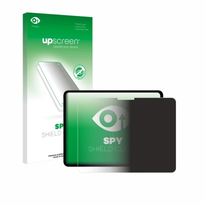 Parte frontal de un envase de producto con el logotipo de la marca upscreen. Al lado se muestra el dispositivo Apple iPad Pro