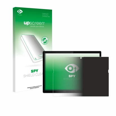 Parte frontal de un envase de producto con el logotipo de la marca upscreen. Al lado se muestra el dispositivo Lenovo ThinkPad