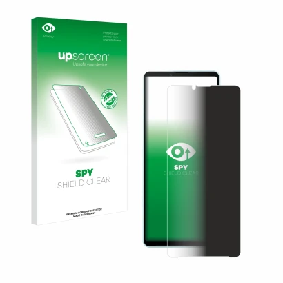 Parte frontal de un envase de producto con el logotipo de la marca upscreen. Al lado se muestra el dispositivo Sony Xperia 10 