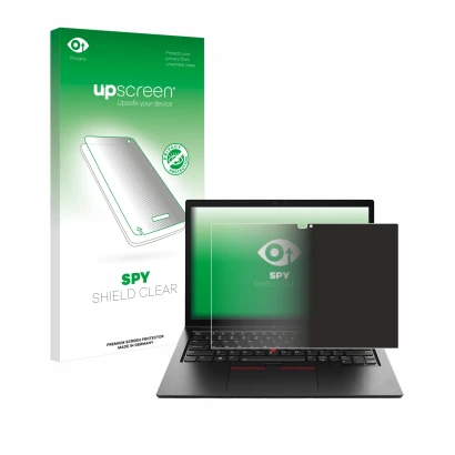 Parte frontal de un envase de producto con el logotipo de la marca upscreen. Al lado se muestra el dispositivo Lenovo ThinkPad