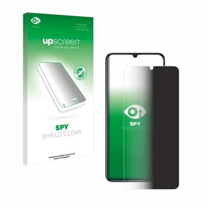 Parte frontal de un envase de producto con el logotipo de la marca upscreen. Al lado se muestra el dispositivo Oukitel C51 con