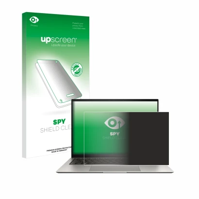 Parte frontal de un envase de producto con el logotipo de la marca upscreen. Al lado se muestra el dispositivo ASUS ZenBook S 