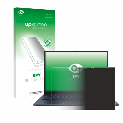 Parte frontal de un envase de producto con el logotipo de la marca upscreen. Al lado se muestra el dispositivo ASUS ZenBook 14