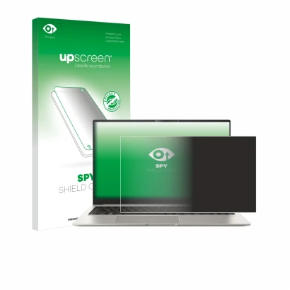 Parte frontal de un envase de producto con el logotipo de la marca upscreen. Al lado se muestra el dispositivo ASUS ZenBook 15