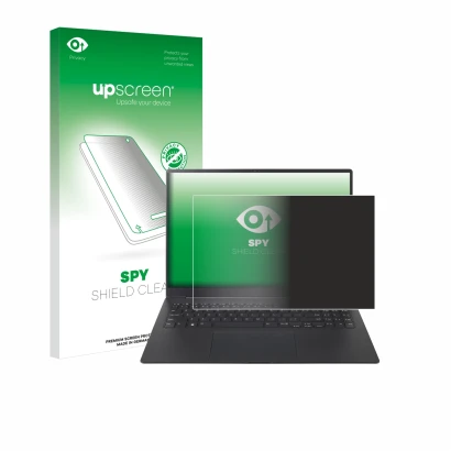 Parte frontal de un envase de producto con el logotipo de la marca upscreen. Al lado se muestra el dispositivo LG gram Pro 16
