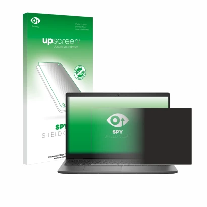 Parte frontal de un envase de producto con el logotipo de la marca upscreen. Al lado se muestra el dispositivo Dell Latitude 1