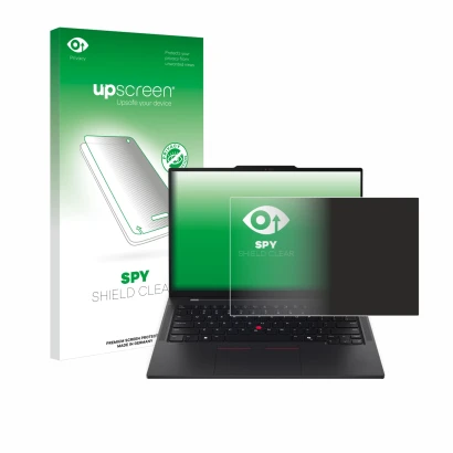 Parte frontal de un envase de producto con el logotipo de la marca upscreen. Al lado se muestra el dispositivo Lenovo ThinkPad